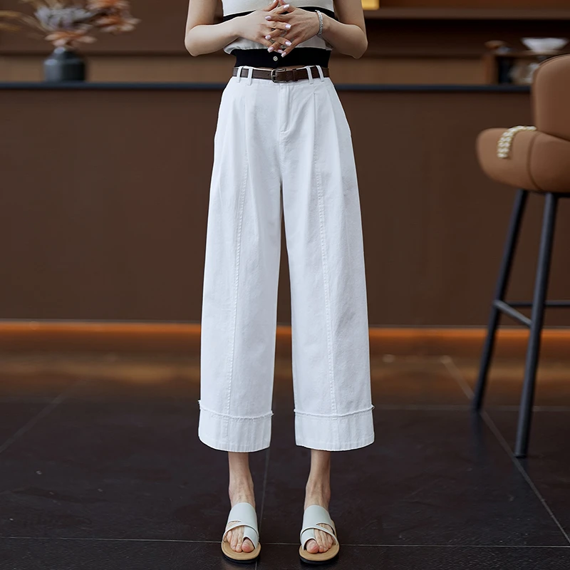 纯棉八分阔腿裤女夏季2025新款高腰宽松垂感小个子休闲翻边直筒裤