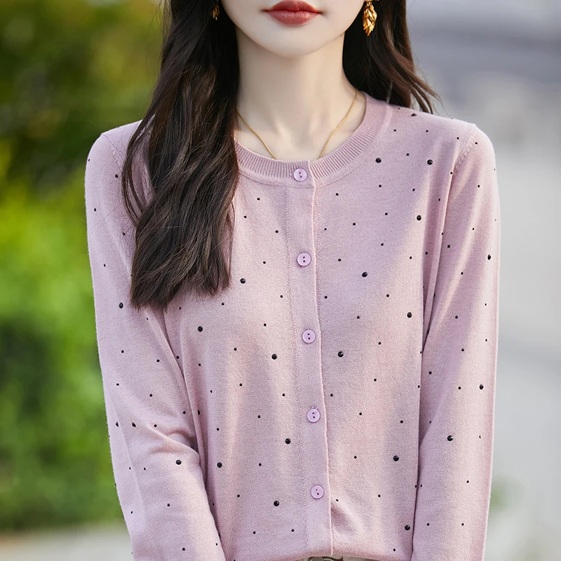 春秋新款女士针织衫精纺羊毛烫钻圆领开衫长袖宽松打底百搭时尚