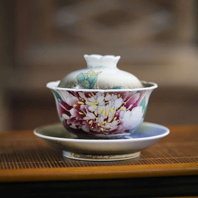 【小田甄陶】红牡丹花口-蕉白轩-三才盖碗（130ml）（蕉白S0678）