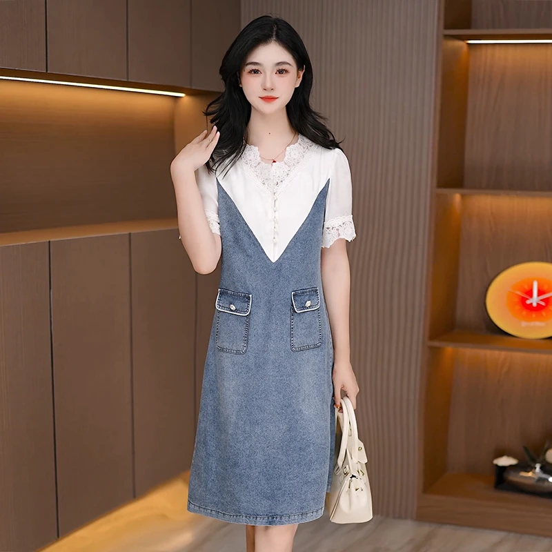 牛仔连衣裙新款显瘦拼色牛仔裙减龄牛仔中长款裙女