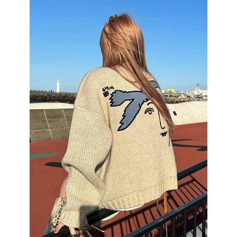 美式复古毛衣开衫女秋冬和平鸽提花宽松针织衫vintage慵懒风上衣