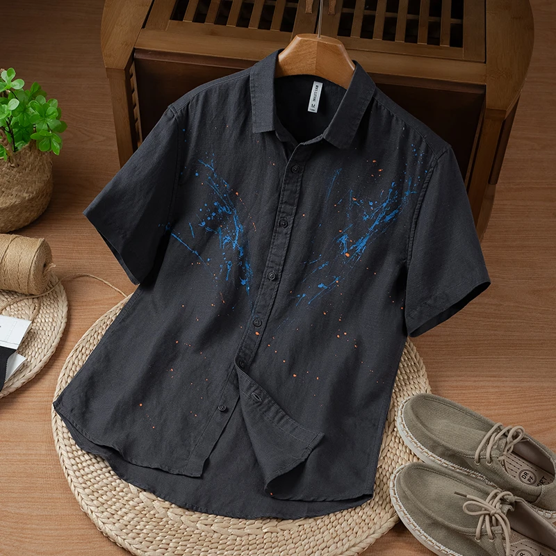 麻尚生活2025夏季亚麻天丝文艺泼墨短袖衬衣休闲男装潮流宽松衬衫