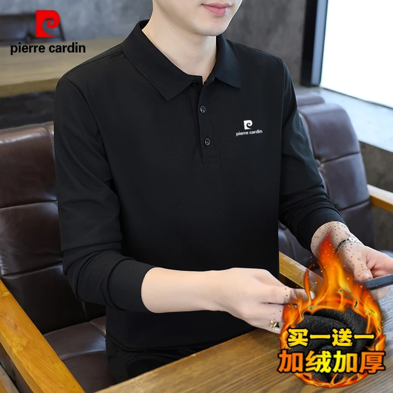 皮尔卡丹秋冬季商务休闲长袖男中青年Polo衫大码t恤加绒加厚翻领t