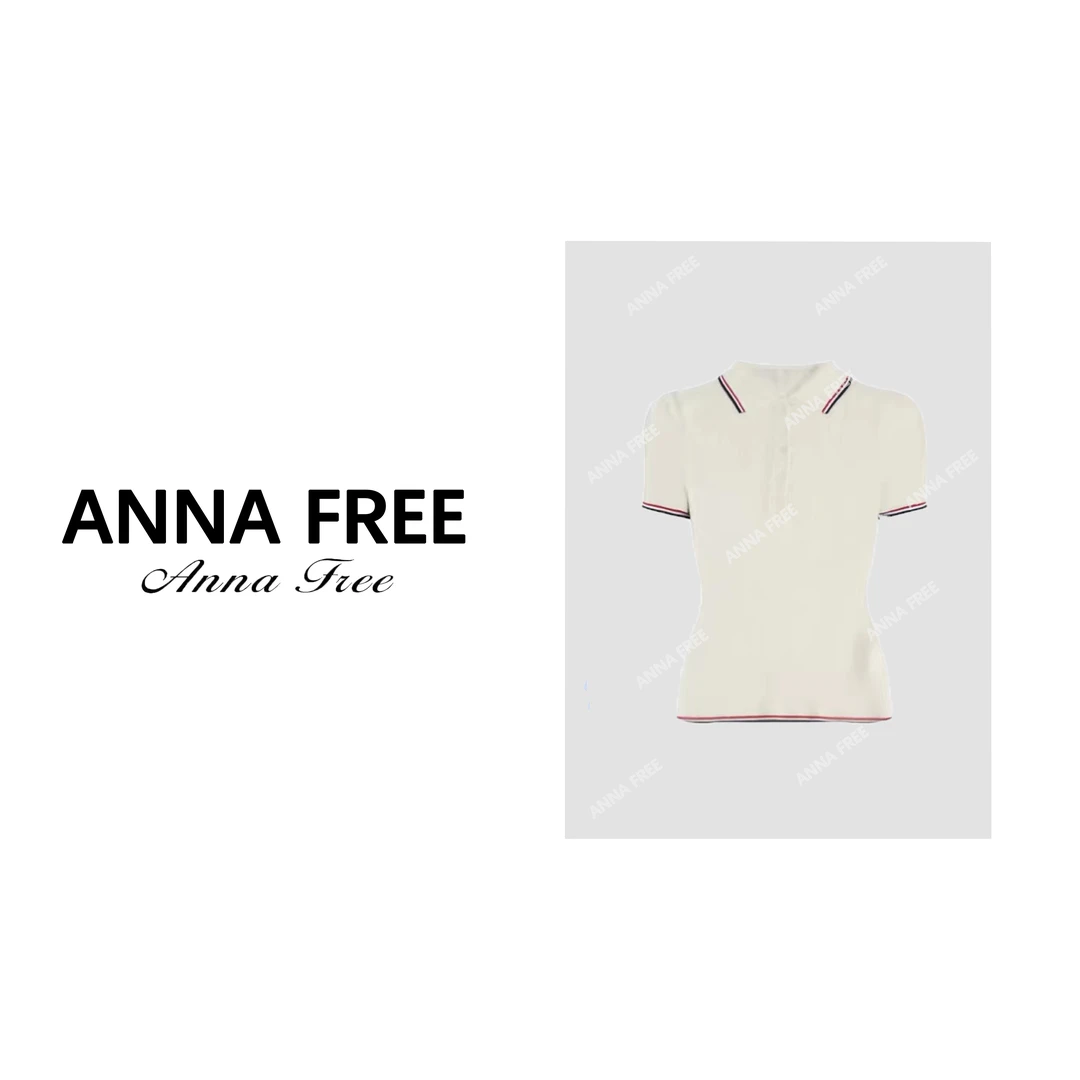 ANNA FREE 休闲百搭撞色翻领弹力针织短袖修身条纹T恤上衣24066