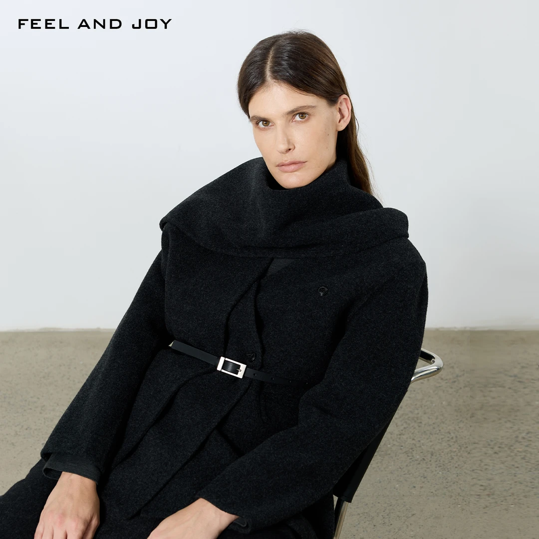 FEEL AND JOY100%羊毛大衣秋冬毛呢外套圆领冬季外套女士+围脖