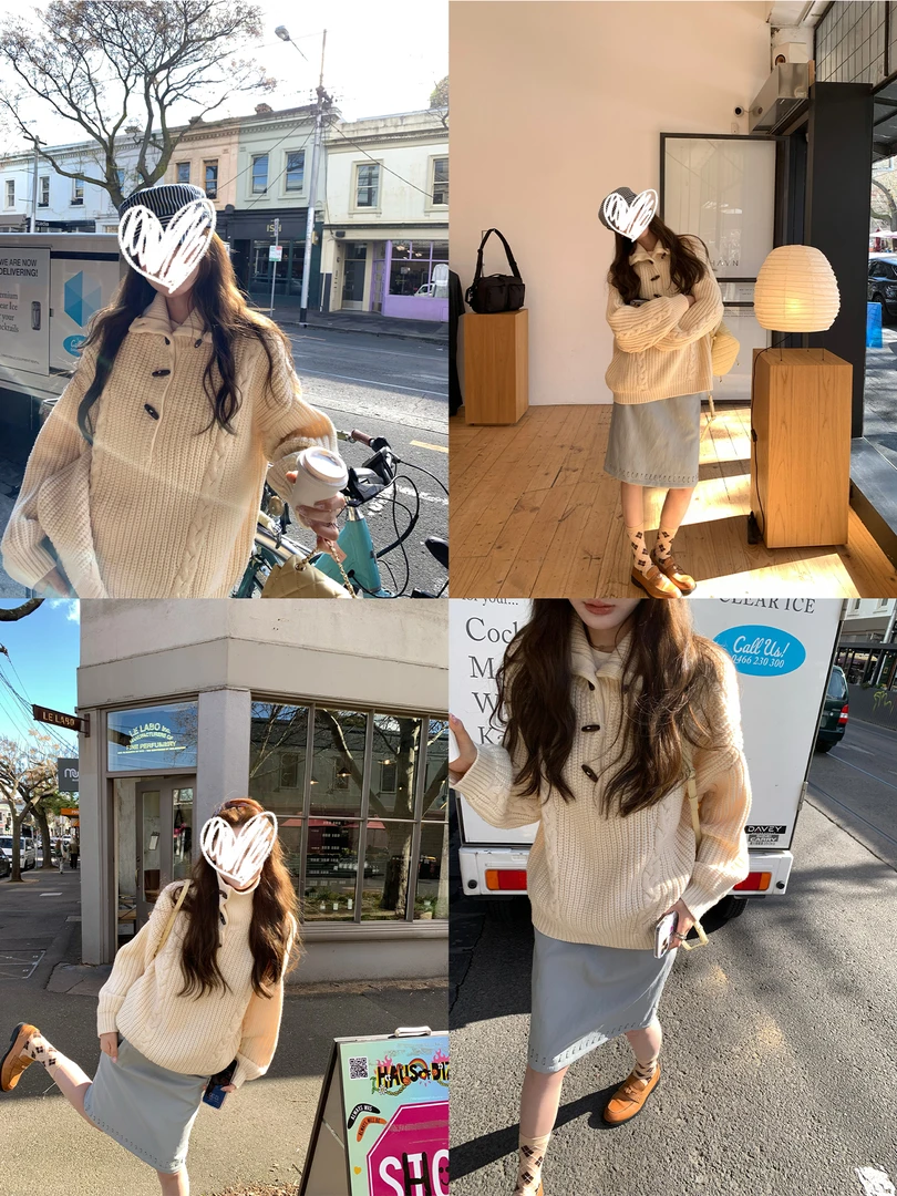 秋冬百搭慵懒风翻领毛衣女2025新款宽松休闲长袖针织上衣00250