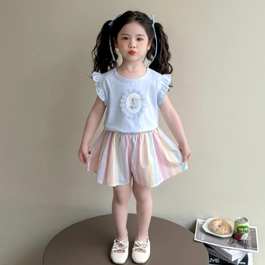 女童夏季飞袖套装2025新款洋气儿童时尚彩虹短裤女宝宝夏装两件套