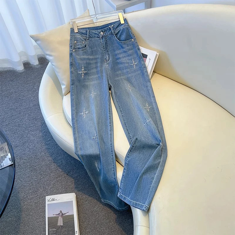 拉夏贝尔满天星刺绣阔腿牛仔裤女春秋2025新款高腰显瘦窄版直筒裤