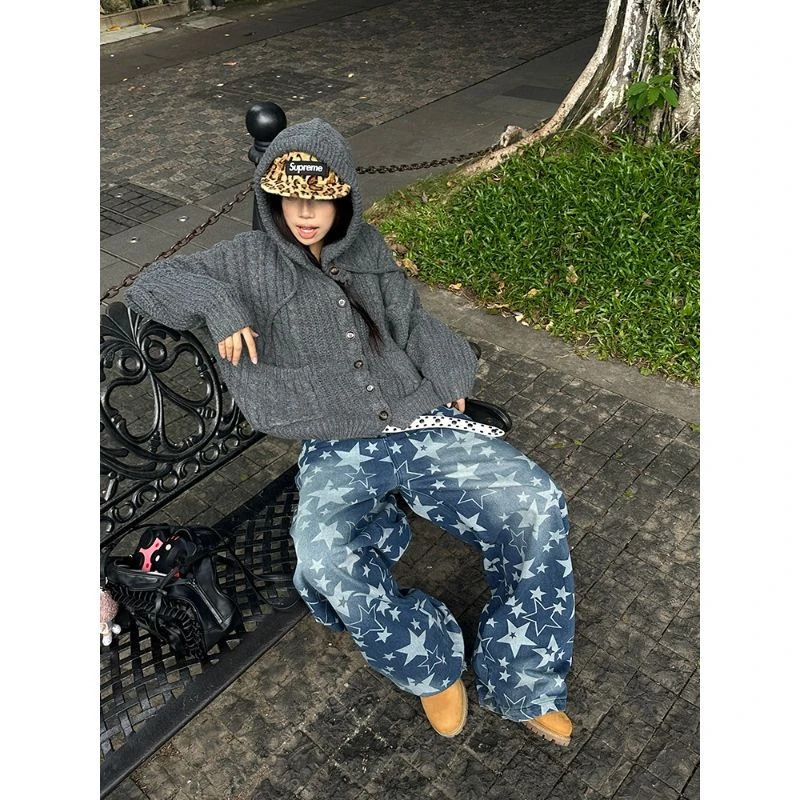美式复古水洗星星满印渐变弯刀牛仔裤男女宽松百搭阔腿拖地感长裤