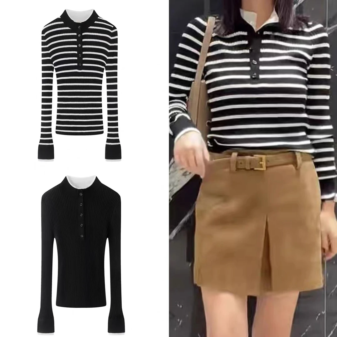 【双色】秋冬新款时尚百搭立领半纽扣撞色条纹修身针织衫2984