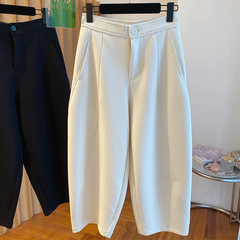 欧货太空棉白色阔腿裤女春2025新款宽松高腰显瘦奶奶裤八分直筒裤