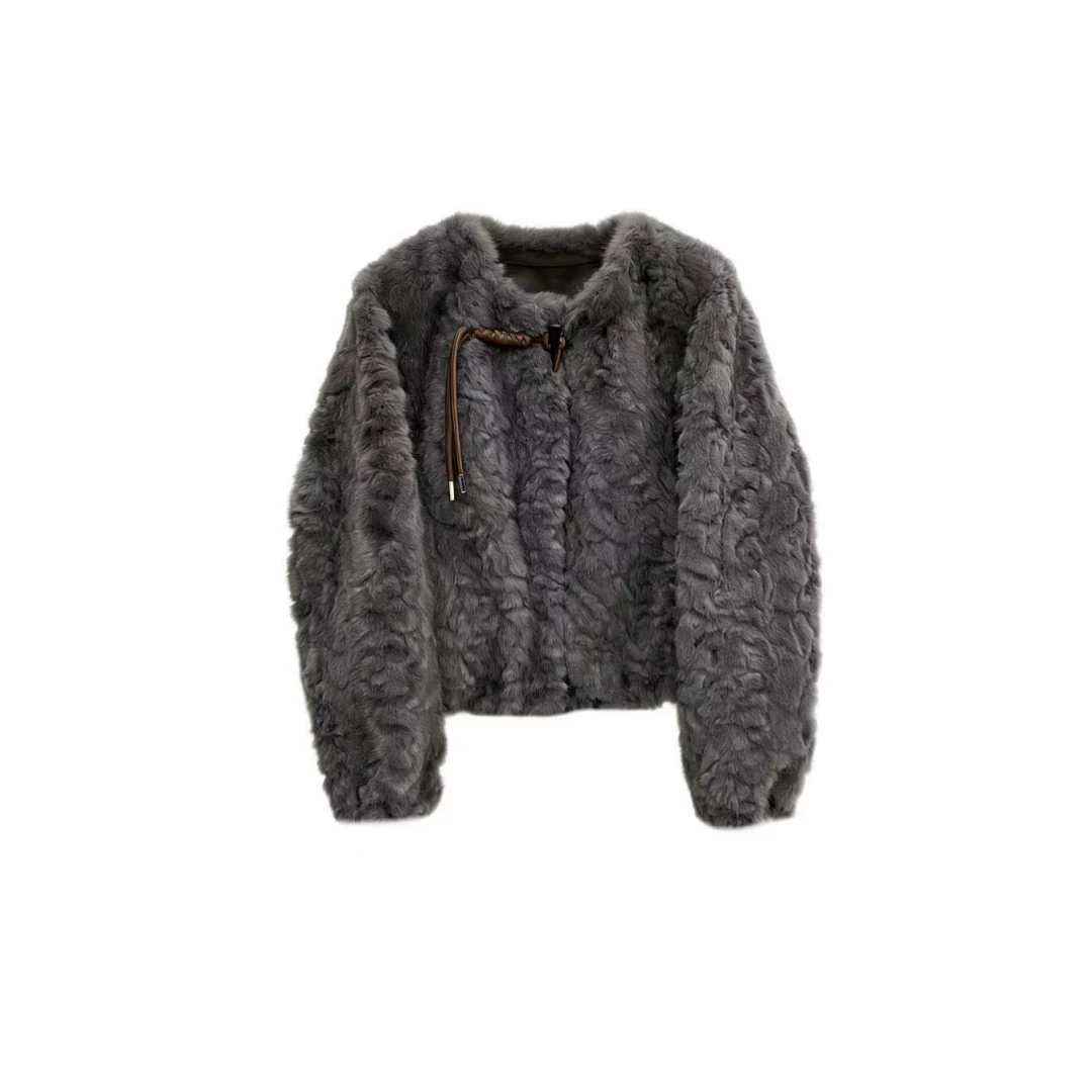 初晓2026年冬季款短款毛毛女士外套保暖百搭 米色 灰色 咖色25628