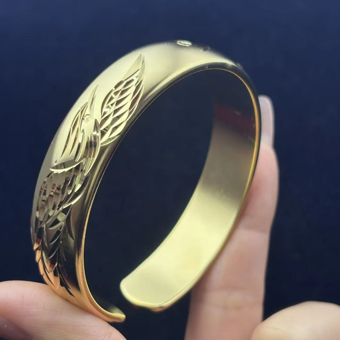 爆款金色经典龙凤开口手镯镯子宽版古法手镯