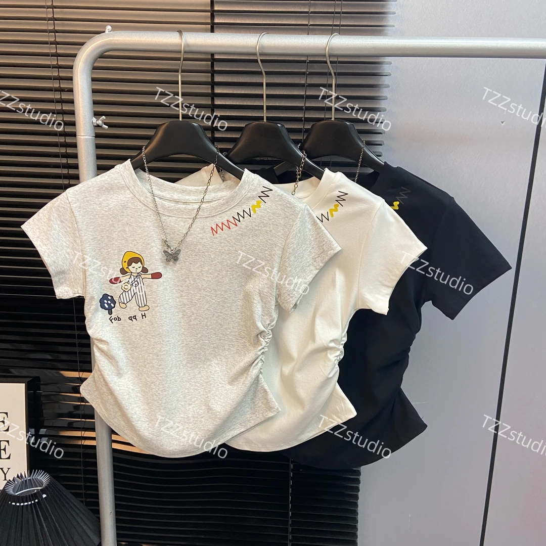 圆领褶皱收腰显瘦t恤夏季修彩色卡通女孩印花上衣辣妹正肩短袖