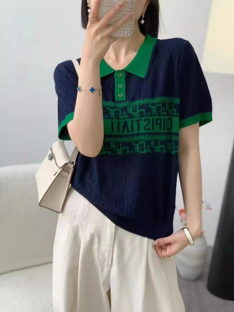 【方领字母】提花短袖t恤女夏季2025新款打底衫洋气针织上衣