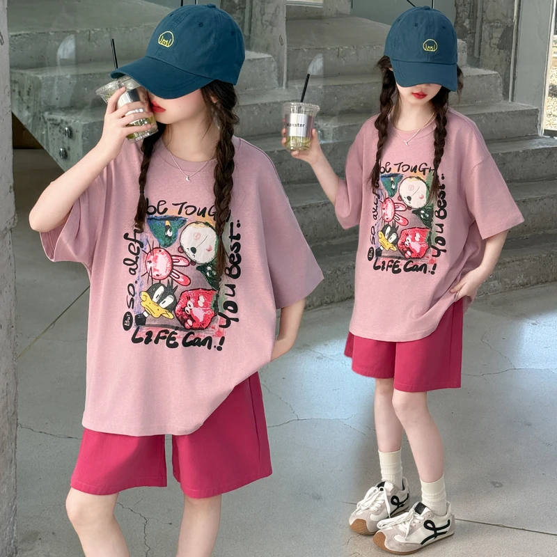 女童夏季韩版套装2025新款中大儿童洋气薄款卡通T恤休闲棉布短裤