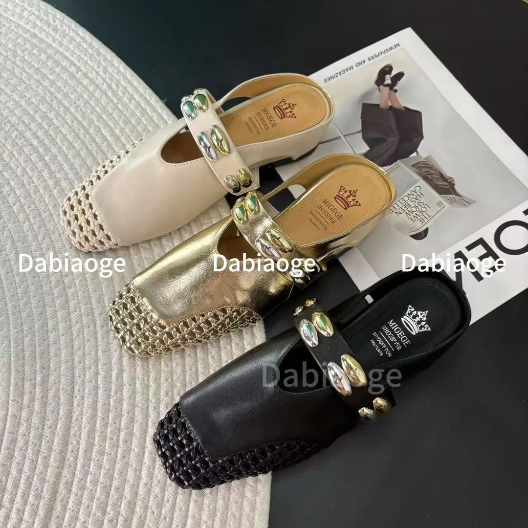 4.5cm设计感镂空金属扣一脚蹬方包头凉拖鞋女2025新款夏季