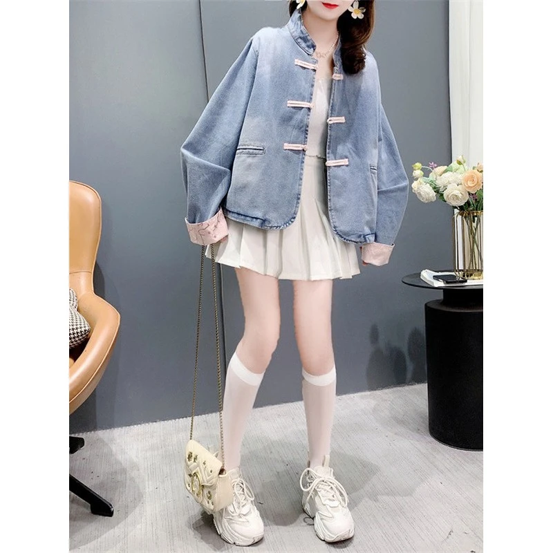 新中式国风盘扣牛仔外套女春秋季休闲宽松洋气百搭小个子夹克上衣