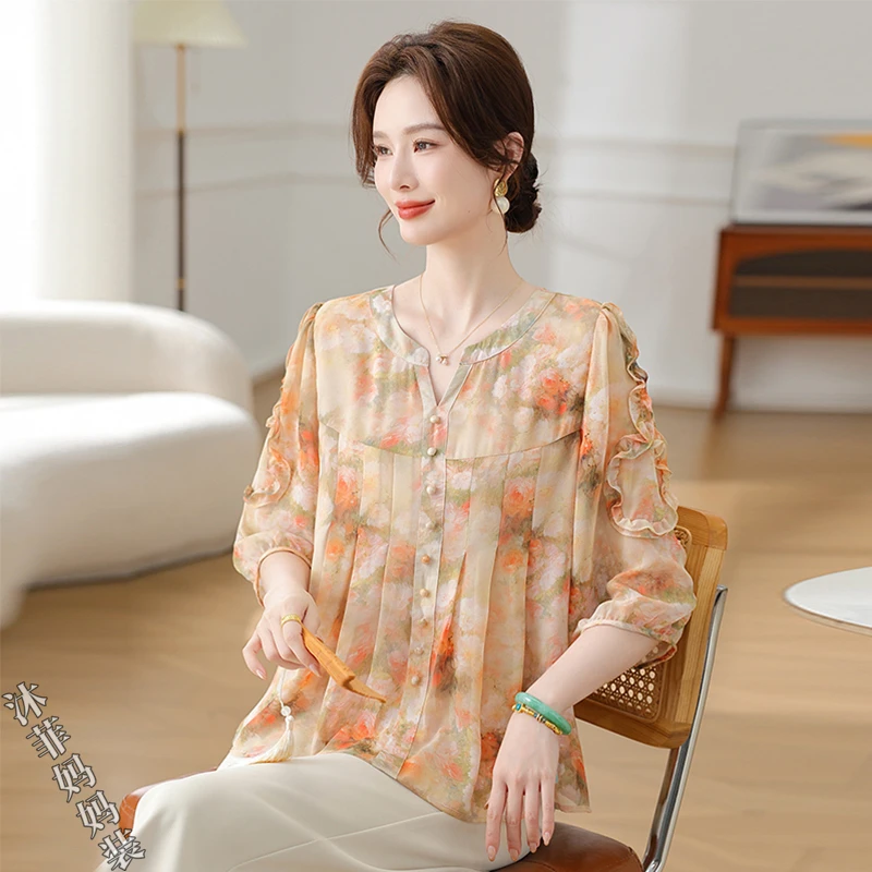时尚妈妈夏装小衫遮肚中袖2025新款中老年女碎花七分袖上衣夏季薄