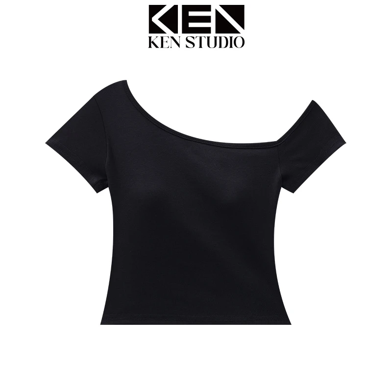 KEN STUDIO夏季新款纯欲斜肩露肩短袖T恤修身显瘦胸垫一体女上衣