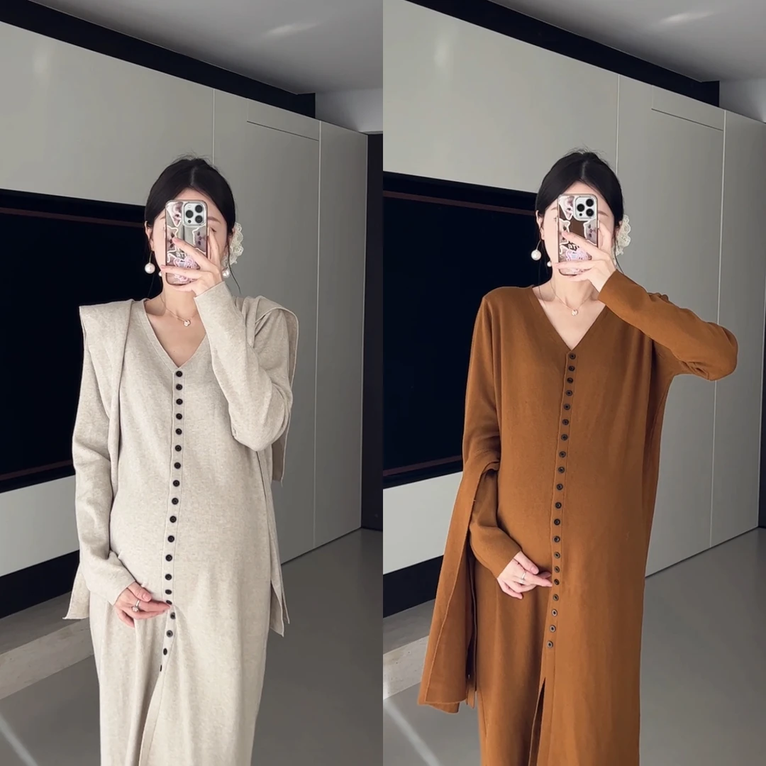 senenmu v领纽扣披肩裙 新款宽松显瘦可哺乳针织连衣裙孕妇装