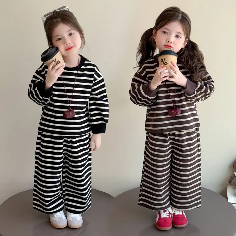 女童秋装套装中小童2025新款韩版洋气儿童春秋款女宝宝条纹两件套