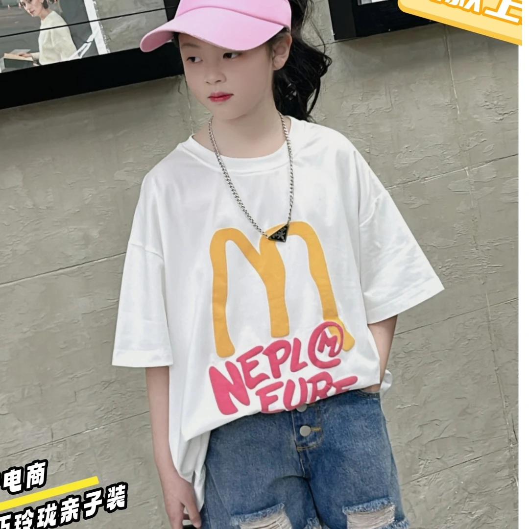 亲子装大版T恤M字母3D印花街头风短袖圆领印花透气宽松型休闲风