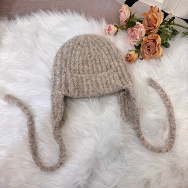 蓬松圈圈纱羊毛混纺针织帽子女秋冬季2024新款保暖毛线可爱护耳帽