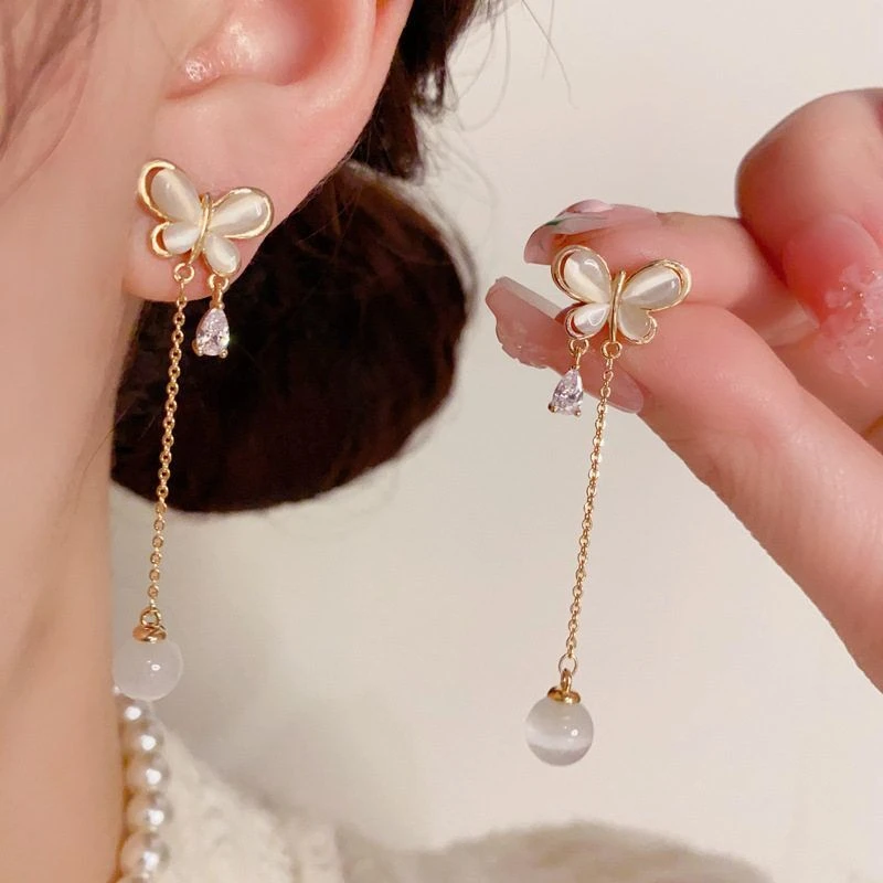 铜合金耳饰 耳环时尚耳坠流苏s925气质简约设计感猫眼石长款小众