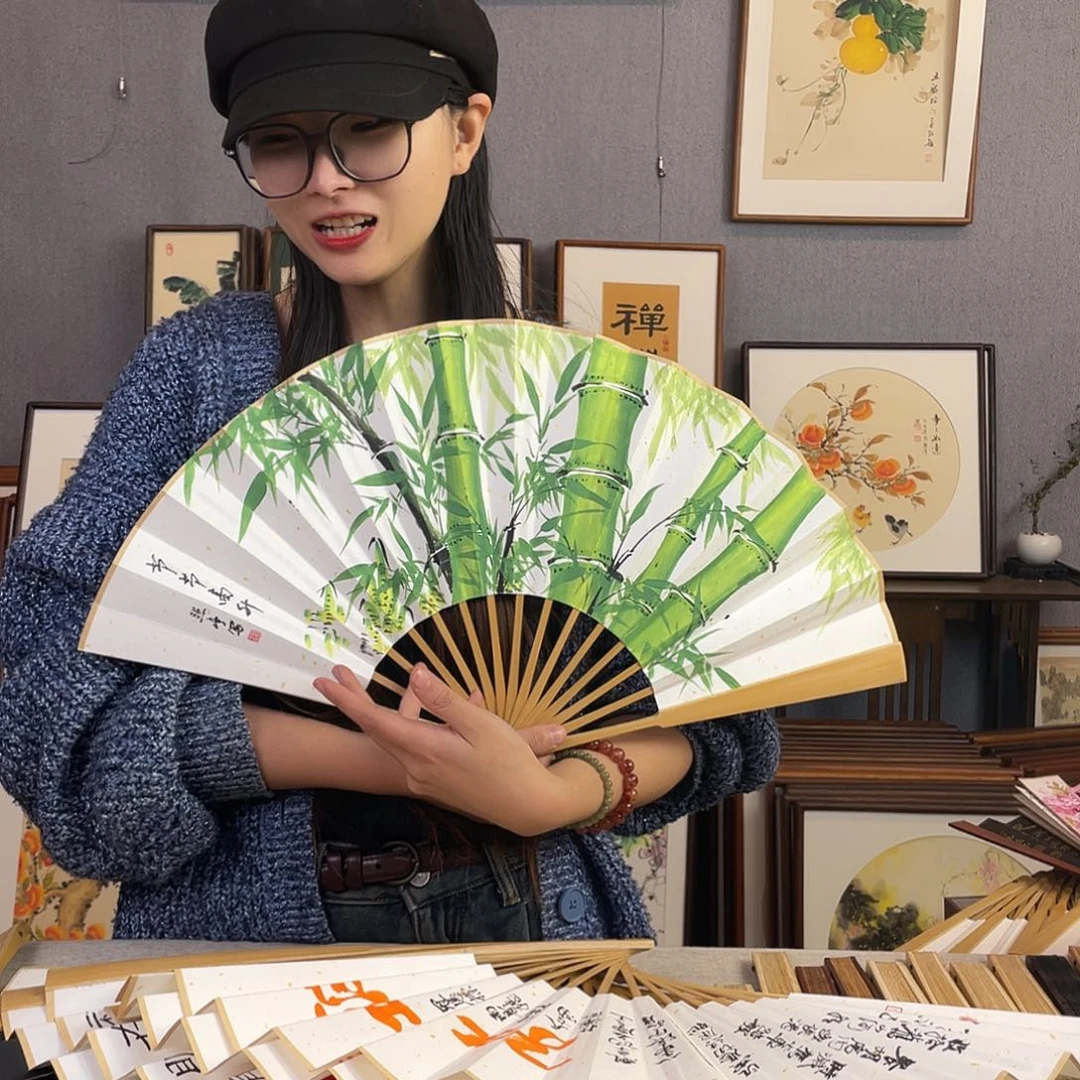 国画10寸玉竹-纯手绘-文玩扇骨（默认粘好）