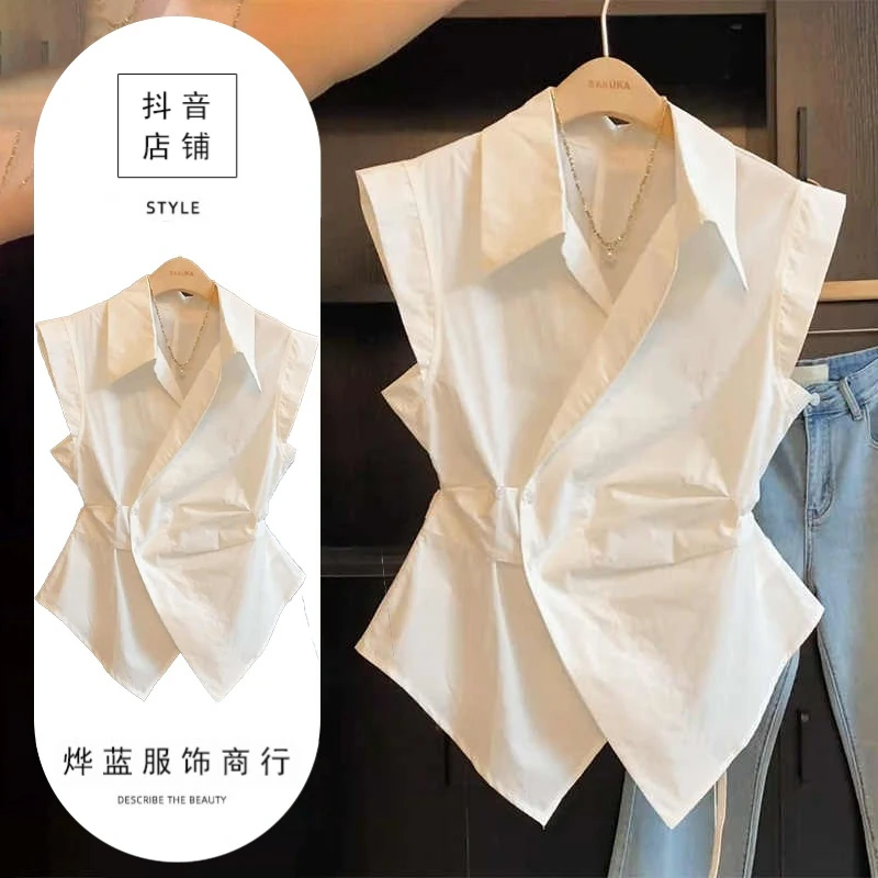 休闲风气质翻领无袖衬衫女不规则设计感收腰上衣2025夏季新款衬衣