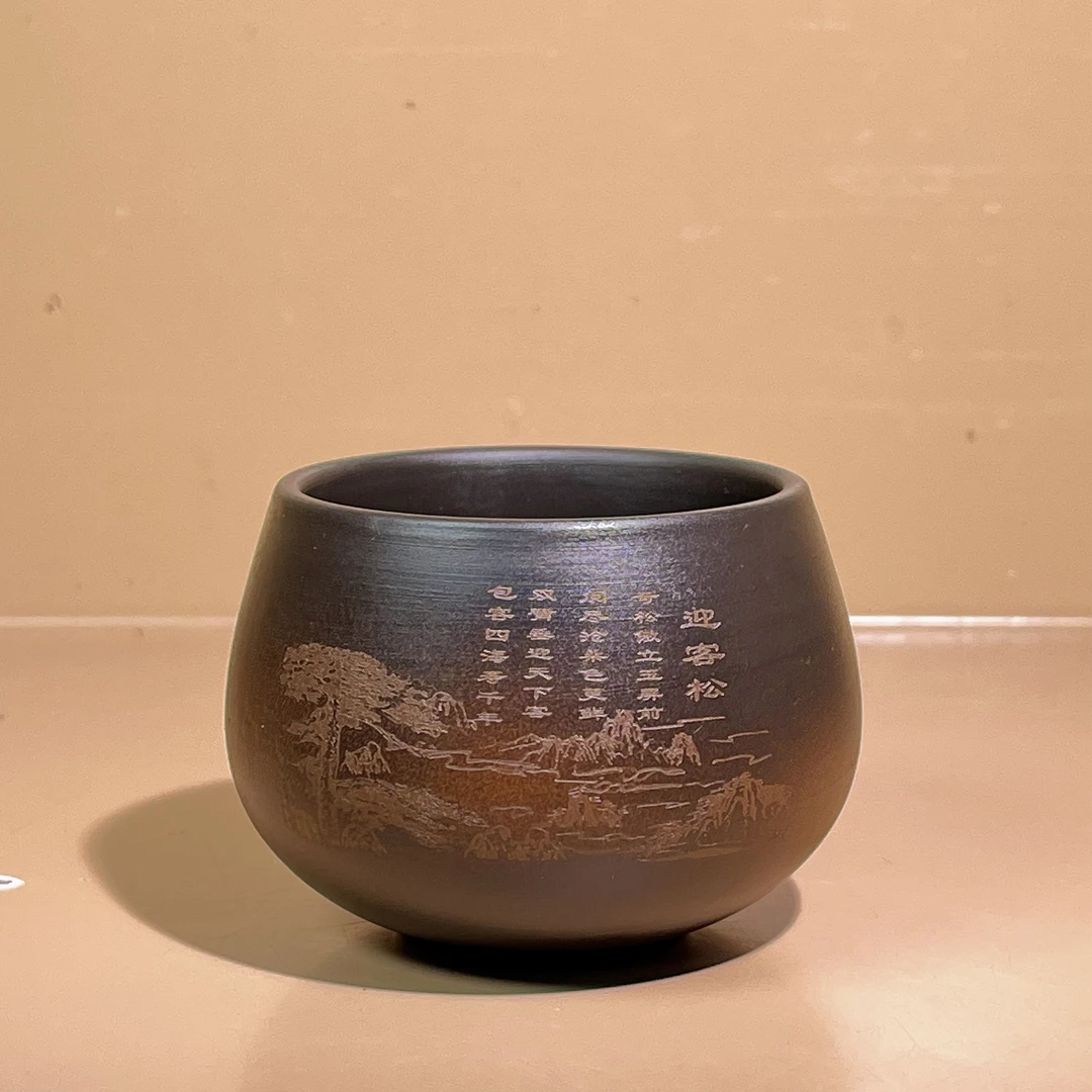 紫陶迎客松罗汉杯茶杯主人杯功夫泡茶盏杯品茗杯大宽口客人杯E242