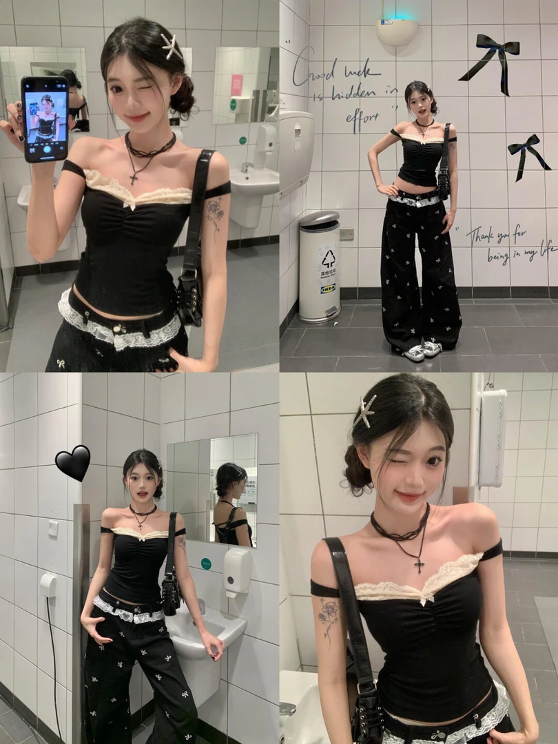 夏季新款洋气衣服女黑色吊带背心一字肩设计感上衣宽松直筒裤套装