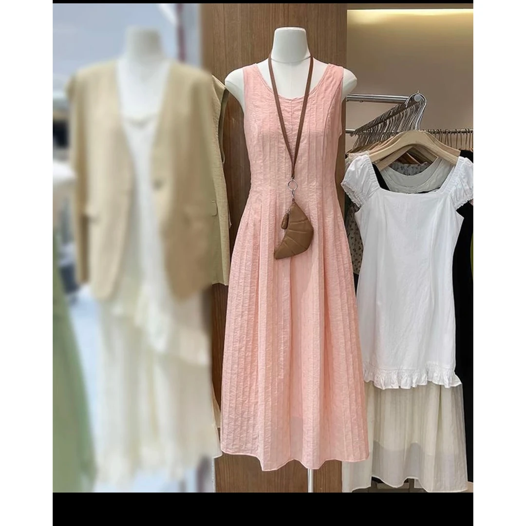 【蜜蜜家】纯色无袖提花长裙夏季法式甜美连衣裙长款裙子百搭英伦风