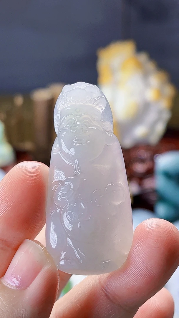 天然缅甸翡翠冰胶立体财神吊坠毛货买断需抛光尺寸高50宽22厚8.7