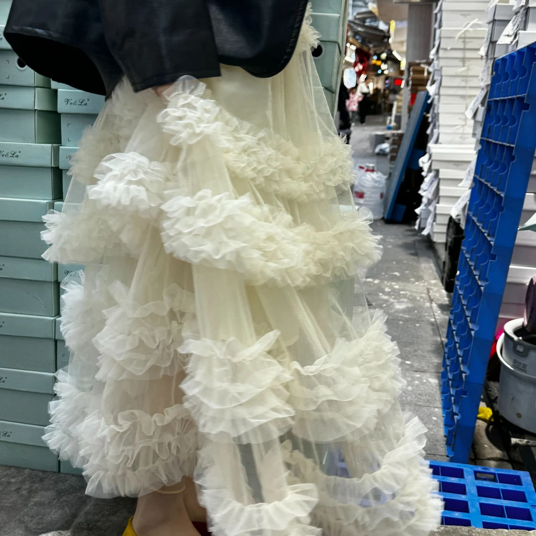 蛋糕裙子半身裙蕾丝高腰长裙春夏重工套装百褶裙半裙1