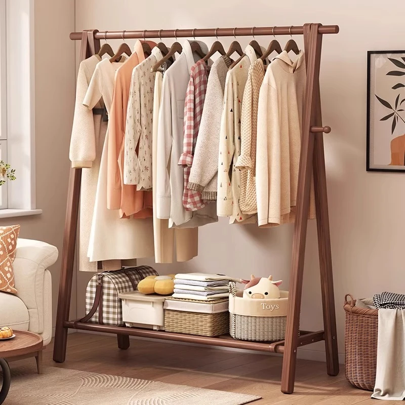 多功能实木挂衣架落地卧室衣帽架家用立式移动挂隔夜衣服收纳架子