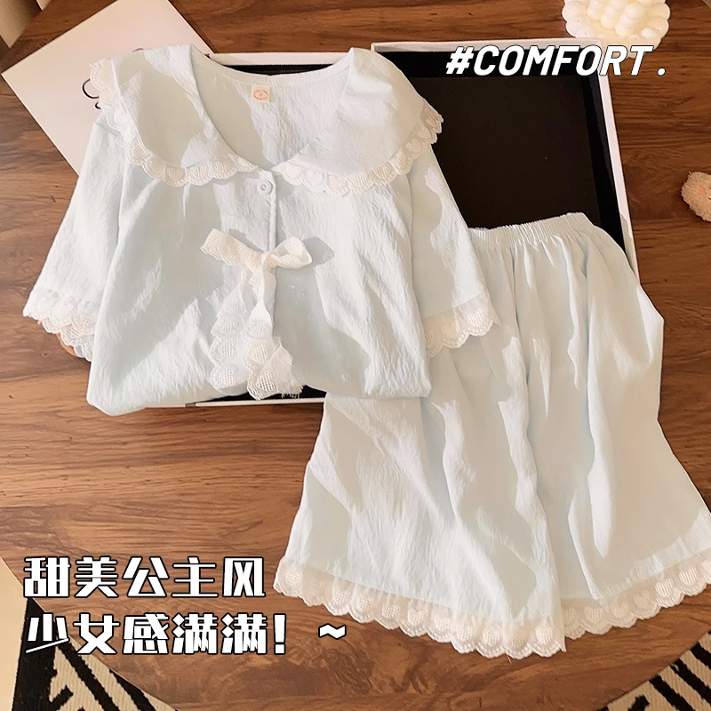 夏季睡衣女短袖甜美云朵棉2025新款蝴蝶结少女夏天家居服套装薄款