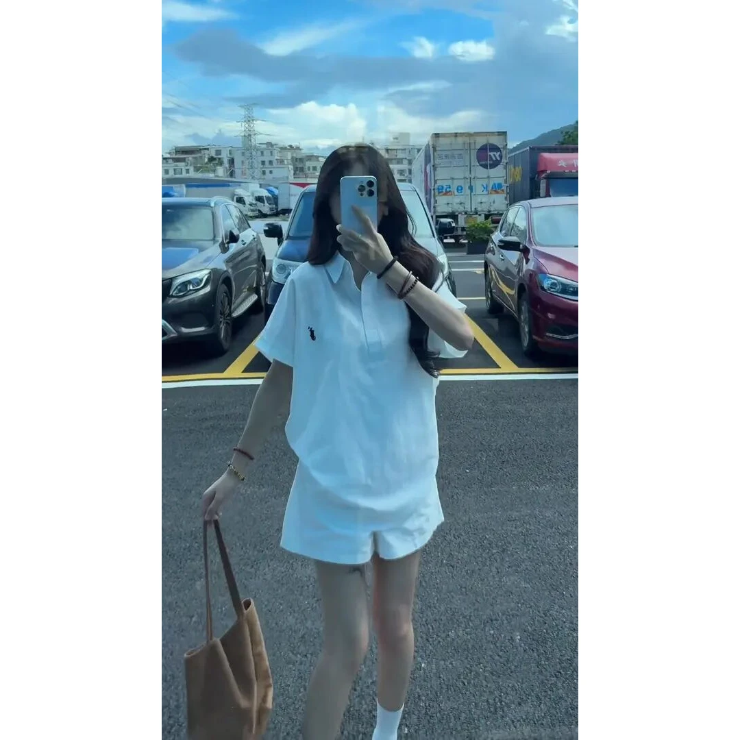韩系休闲运动风穿搭女2025夏日时尚polo领短袖上衣宽松显腿长短裤