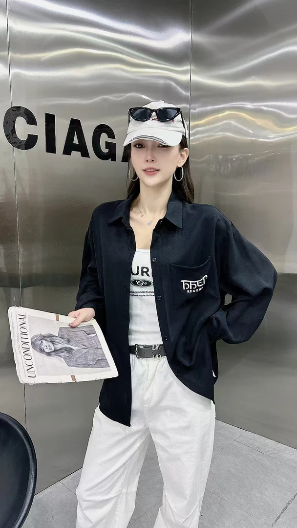 2025春季男女同款曳步舞网红富丽高弹麻字母衬衫时尚百搭休闲长袖