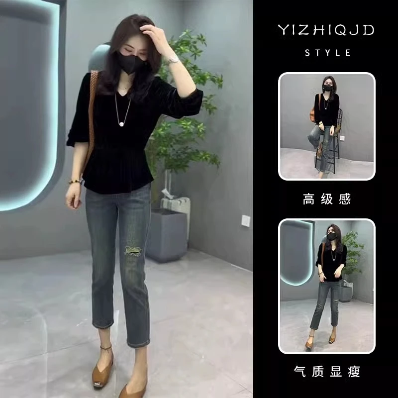 2025春季新款欧货漂亮时尚小香风金丝绒上衣牛仔裤职业两件套装女