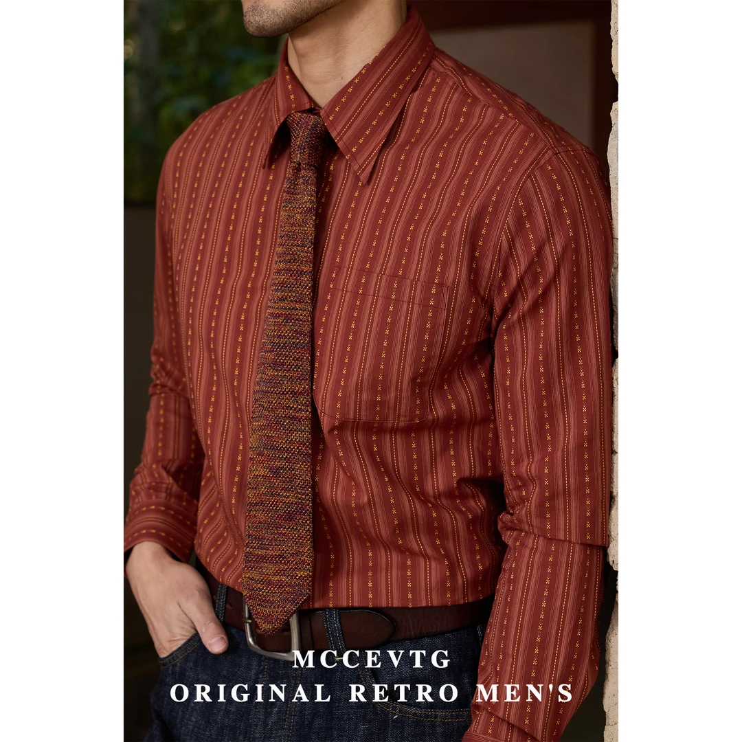 MCCEVTG美式通勤 安可拉红衬衫男长袖提花条纹休闲纯棉复古衬衣春