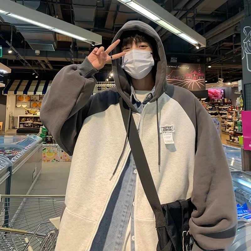 卫衣连帽外套开衫撞色美式size潮流情侣潮over潮牌复古春秋季男女