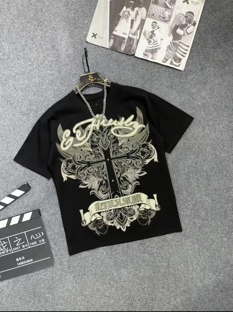 11892新款十字百搭重工宽松高奢烫钻字母圆领潮牌T恤时尚半袖个性