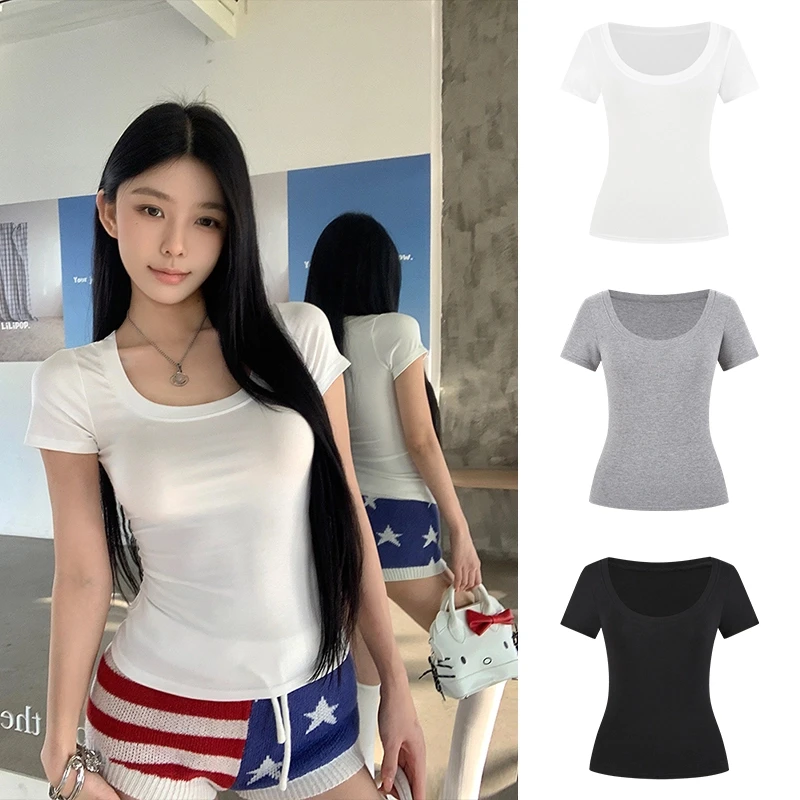 白色显瘦纯欲辣妹短袖t恤正肩掐腰夏季女大U领修身短款打底衫上衣