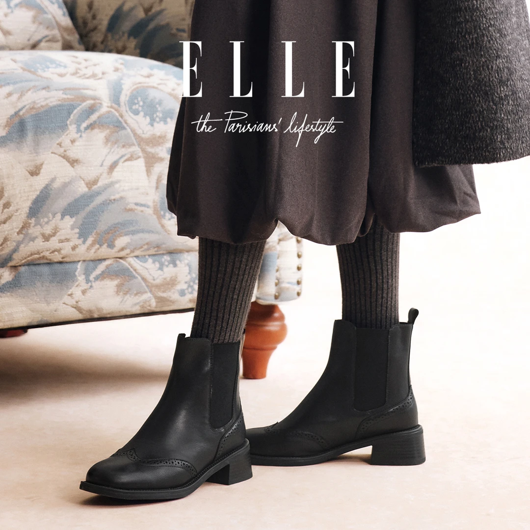ELLE4.5CM增高厚底短靴女2025冬季新款真皮复古圆头雕花切尔西靴