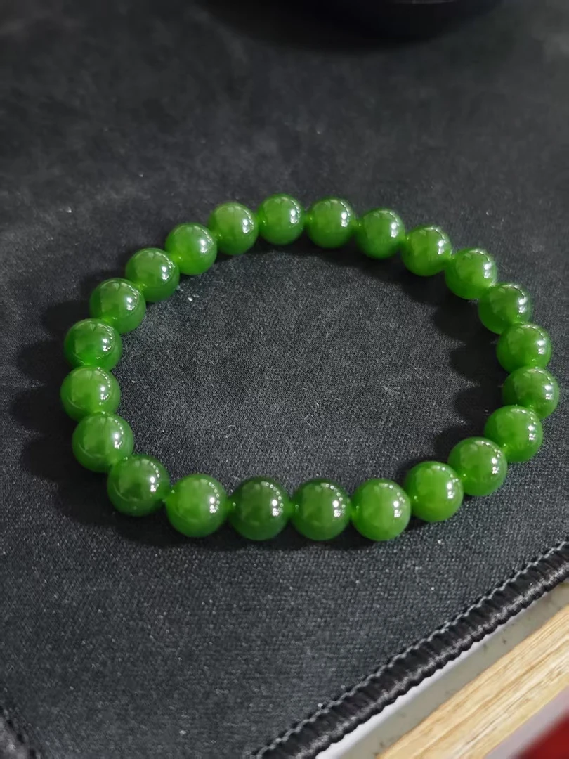 【小雅碧玉】和田玉手串手链单圈8m辣阳绿微黑点