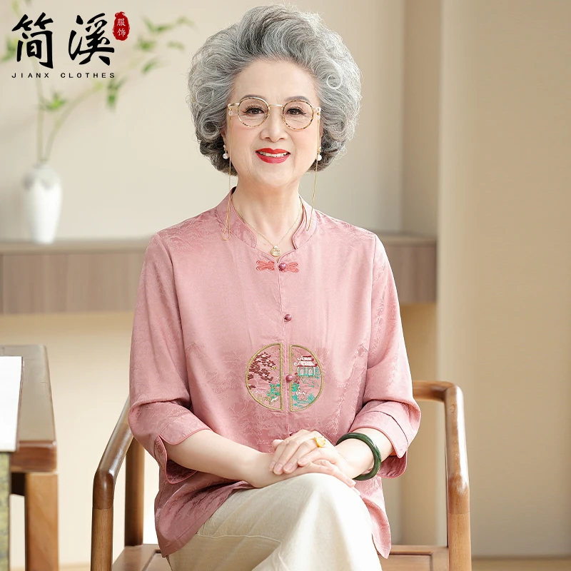 简溪奶奶夏装衬衫国风刺绣中长袖2025新款中老年人老太太薄款上衣