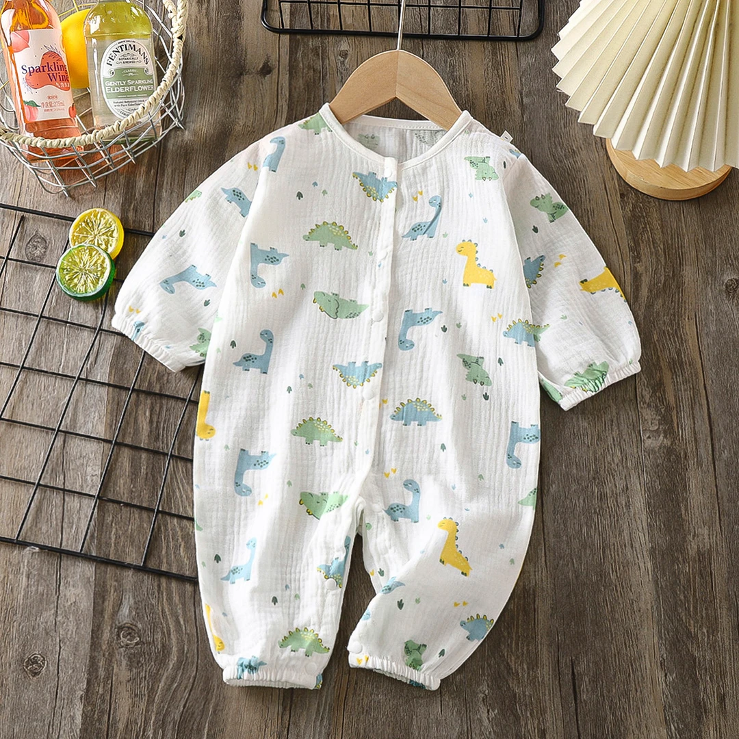 2025夏装长袖爬服哈衣纱布纯棉连体衣0-3岁女宝新生婴儿童家居服