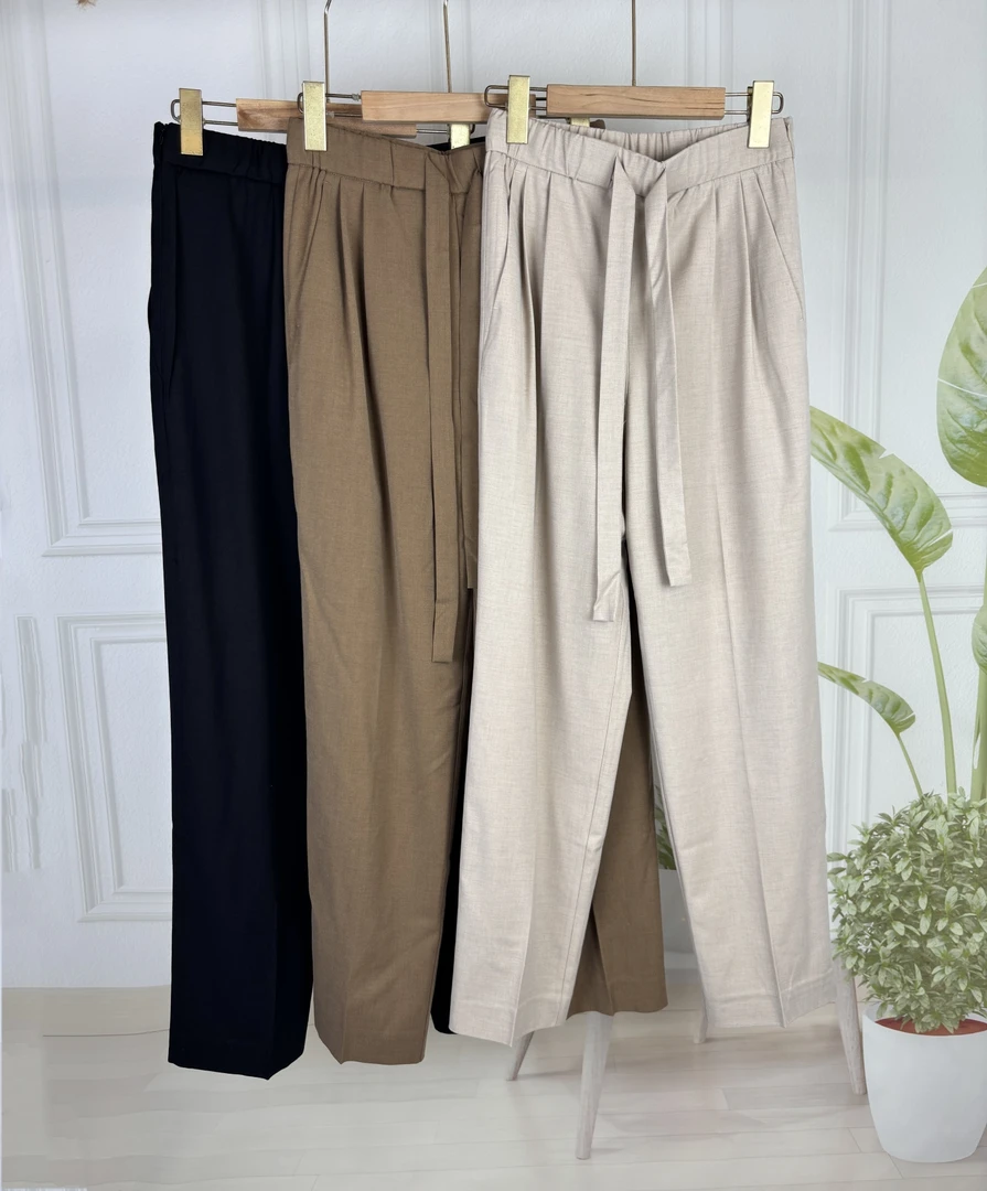 女士外贸意式黑色杏色抽绳松紧腰侧骨拉链绵羊毛混纺直筒休闲裤